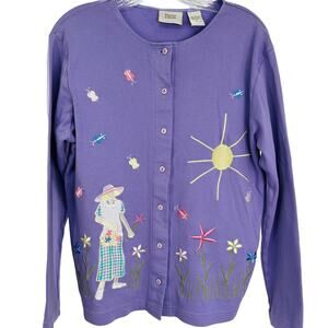 Baxter & Wells Lavender Cotton Embroidered Gardener Button Up Cardigan S